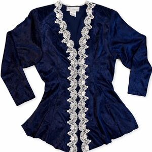 Jessica McClintock Navy Satin Top with Ivory Lace Trim